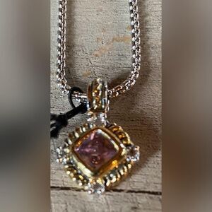 John Medeiros Womens Pendant Necklace Silver Tone Pink CZ Two Tone 16" Chain